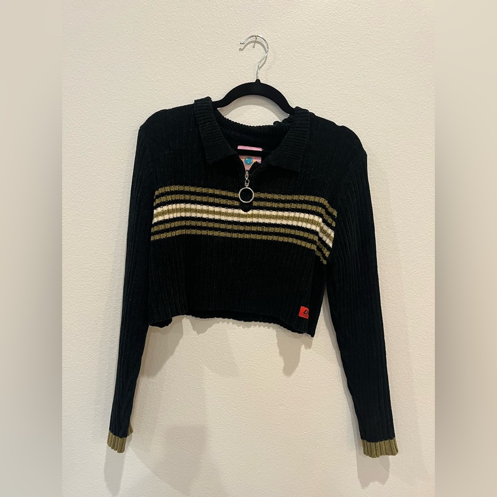 UNIF Black Cropped Quarter-Zip Sweater with Stripes